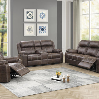 Lucca brown sofa and loveseat with matching glider recliner