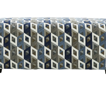 A stylish, blue-grey polyester fabric ottoman for modern interiors.