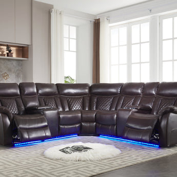 Batman brown leather power reclining sectional with LED lighting underneath