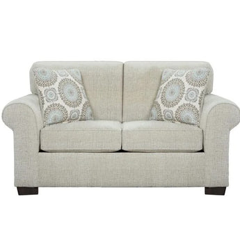 Charisma Linen Loveseat upholstered in polyester fabric with diamond patterned accent pillows.