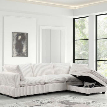 Cloud2 beige corduroy sectional with storage ottoman.