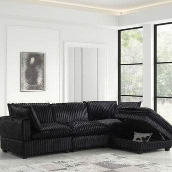 Cloud2 black corduroy sectional with storage ottoman.