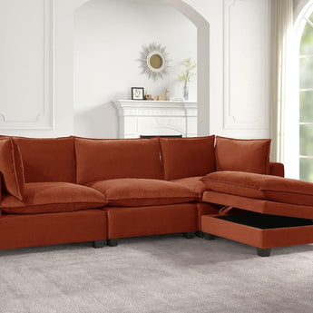 Cloud2 red corduroy sectional with storage ottoman.