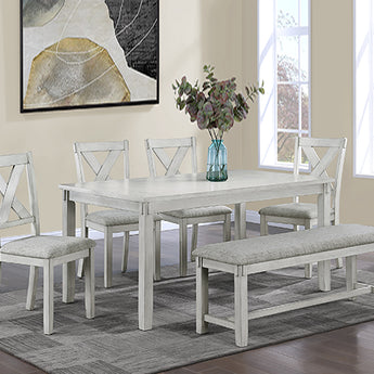 Clara driftwood six-piece dining set with table four chairs and bench