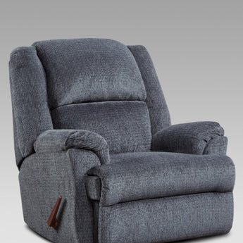 The Denali Chaise Rocker Recliner ensures effortless relaxation. Upholstered with durable grey fabric and 100% polyester for luxurious cushioning. Available in four colors; Indigo, Mocha, Pewter and Mineral