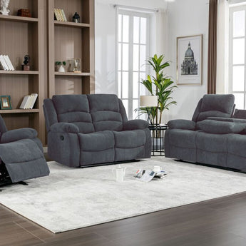 Dynamo2 gray fabric 3 piece reclining set. Reclining Sofa, reclining loveseat and recliner.