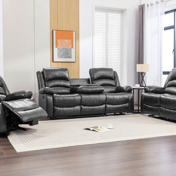 Dynamo2 black leather 3 piece reclining set. It includes reclining sofa, reclining loveseat and rocker recliner