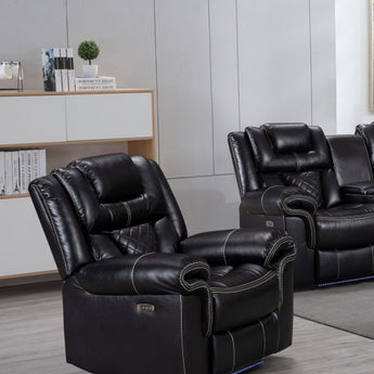Sink into the Encore Black Rocker Recliner - upholstered in air gel leather with pocket coil seating. Durable design ensures years of cozy nights.