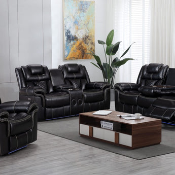 Crafted from air gel leather, this Encore Power Reclining Set boasts pocket coil seating. The sofa and console loveseat feature a drop-down tray with wireless charger and USB power switch. Comes in black or brown with contrasting stitching.