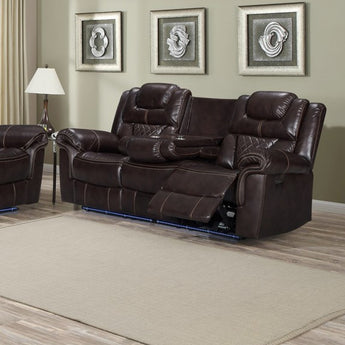 Sink into comfort on the Encore Brown Power Reclining Sofa. With air gel leather upholstery and pocket coil seating, it features a drop-down tray, wireless charger, and side power switch.