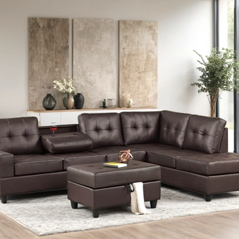 Heights brown reversible sectional with drop-down cup holders and matching storage ottoman covered in durable faux leather