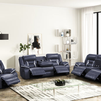 Luka30 blue oversized 3pc reclining set includes reclining sofa, reclining loveseat and glider recliner