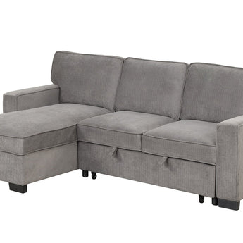 Marcos grey fabric sectional with reversible storage chaise and pull-out bed. It also comes with a drop-down table and USB charging ports.