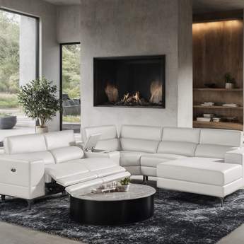 Milano white power reclining sectional. Features 2 power recliners with adjustable head rest.
