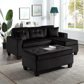 Naomi black velvet button tufted reversible sectional with storage ottoman.
