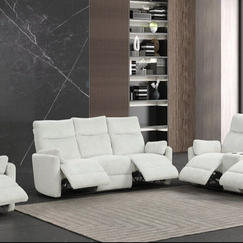 Peppe beige corduroy 3pc reclining set that includes reclining sofa, reclining loveseat and glider recliner.