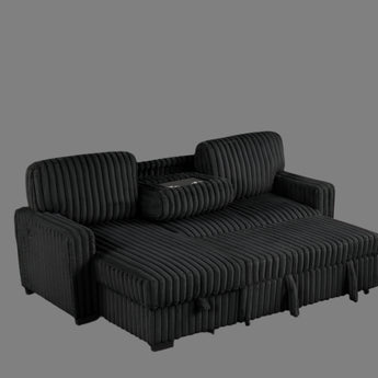 Poland black corduroy reversible sectional with pull-out bed, storage chaise, drop-down tray plus two cup holders.