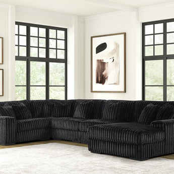 Seasons2 Oversized Sectional in black corduroy fabric. Includes 5pcs (LAF, Corner, 2 Armless Chairs. and Chaise)