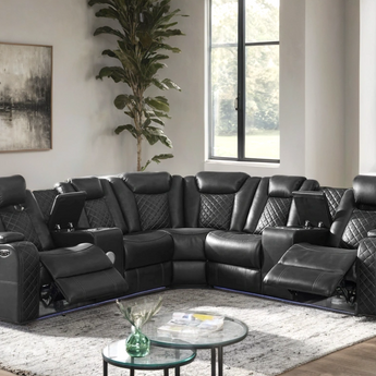 Spaceship black power reclining sectional features 2 power footrest & headrest (1 on left side, 1 on right side)LED light strips, bluetooth speaker.
