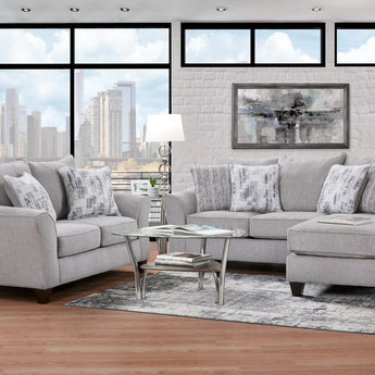 Chic Spitfire Ash Mini Sectional/Chofa for your living room! Features sofa and loveseat in grey fabric upholstery and a comfy chaise.