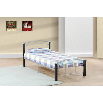 Bailey Platform Bed. This bed is a metal bed with wood posts. Metal silver color finish; Wood post in espresso color. Available in Twin or Full.