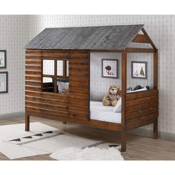 Twin Log Cabin Low Loft Bed in Rustic Walnut-Donco