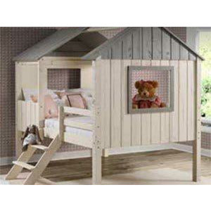 Full House Low Loft Bed with Storage Drawers-Donco/ Quality wood construction and beautiful details make this a wonderful centerpiece for your child's bedroom. It has a Rustic Sand finish and features front entry ladder steps, window cutouts, and space underneath for storage. Features a full-size upper sleeping area that Includes complete slat mattress supports. The optional under-bed Storage Drawers are the perfect solution for storing extra clothes, toys, and blankets