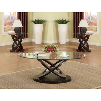 Cyclone 3pc Cocktail Table Set. Glass top. This set includes 1 cocktail table and 2 end tables.