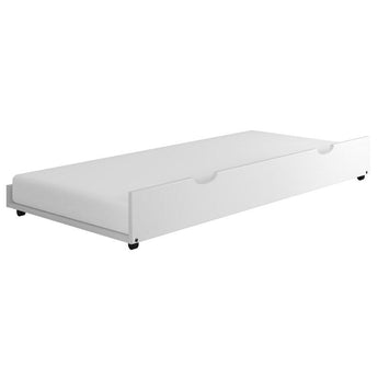 Donco Twin Pull-Out Trundle in White. This item is a great way to save space and add sleeping space to your child's room. The included caster wheels make moving the trundle a snap. Also available in antique grey, light espresso, brown glaze, dark cappuccino, slate grey, and dark grey finish.
