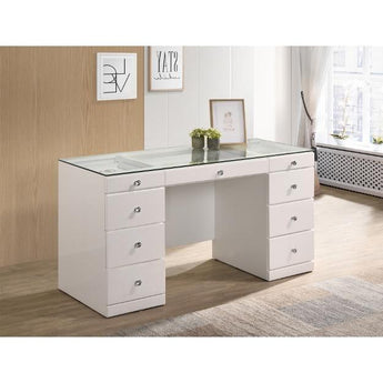 Avery Glass Top Vanity in White finish. It has nine storage drawers.