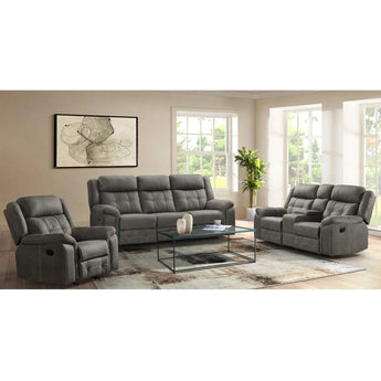 3 Piece Gray Reclining Sofa Set. Microfiber suede-like body fabric and sturdy frame. Sofa, Loveseat and Recliner