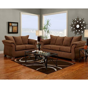 Aruba Chocolate Sofa and Loveseat. This set features a padded seat cushions, pillow arms and wooden flared feet in choco brown color. This set includes sofa and loveseat.