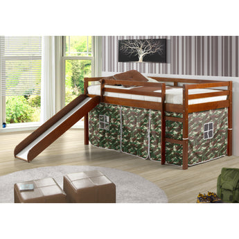 Camo Twin Loft Tent Bed with Slide - Espresso-Donco. Crafted of solid pine wood in espresso finish. The ladder and slide add some fun to even the earliest of bedtimes, while below, an open play space surrounded by tent walls creates the ultimate secret fort.