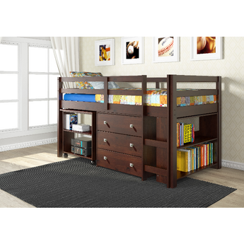 Dark Cappuccino Twin Low Study Loft Bed-Donco. The hide-away rolling desk offers a convenient workspace for homework or projects and stores away when finished. The 2 shelf bookcases and 3 drawers chest provide tidy display space and storage for clothes, toys, or other items. Crafted from 100% pine wood .