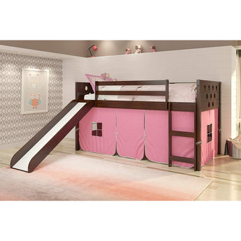 Dark Cappuccino Twin Circles Loft Bed with Tent & Slide. Made from 100% pine wood. With mini slide helps to launch kids out of bed in the morning. Slat-kits included and ladder.