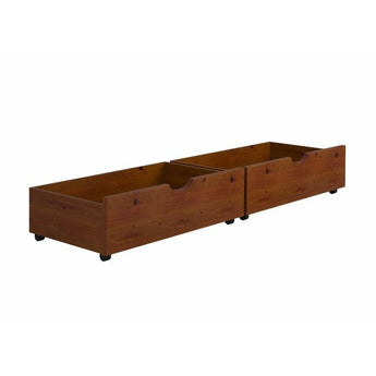 Donco Dual Under Bed Storage Drawers in Light Espresso. The included caster wheels make moving the trundle a snap. Fits under most Donco Kids Twin, Full, or Bunk Bed. Available in dark grey, dark cappuccino, white, slate grey, antique grey, and brown glaze.