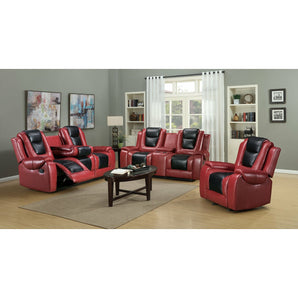 Austin Red reclining Sofa Set is a motion set upholstered in a leather gel. The sofa has a drop-down tray with cup holders while the console loveseat has cup holders w/ USB & A/C outlets. Available in two-tone red w/ black inset, two-tone brown, two-tone grey w/ black inset. Steel frame construction.