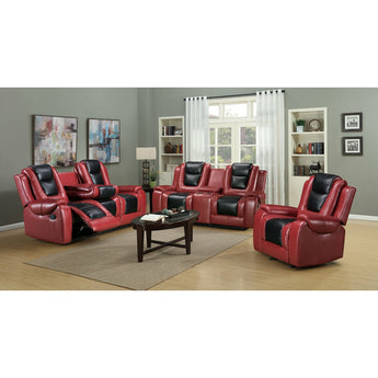 Austin Red reclining Sofa Set is a motion set upholstered in a leather gel. The sofa has a drop-down tray with cup holders while the console loveseat has cup holders w/ USB & A/C outlets. Available in two-tone red w/ black inset, two-tone brown, two-tone grey w/ black inset. Steel frame construction.