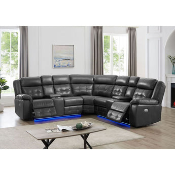 Grey Power Reclining Sectional with LED Lights. Durable construction and great comfort.