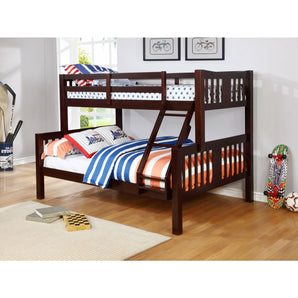 Ashmore Espresso Twin/Full Bunk Bed is a wood bunk bed with 2.5" posts and 6 slats and a hanging ladder. An optional trundle is available. It comes in twin/twin or twin/full size. Available in white finish.