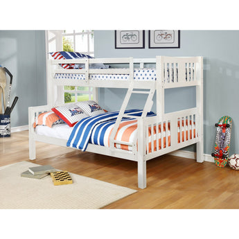Ashmore Twin/Full Bunk Bed in White is a wood bunk bed with 2.5" posts and 6 slats and a hanging ladder. An optional trundle is available. It come in twin/twin or twin/full size. Also available in espresso finish.