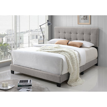 Avana Button Tufted Upholstered Bed is a fabric upholstered bed with a tufted headboard. It is available in King or Queen size. Beige color.