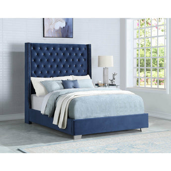 Aria Blue Fabric Upholstered Bed. This bed is tufted with crystals and has chrome nailhead trim. Available in King or Queen size.