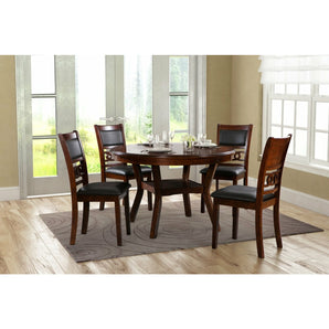 Charlotte 5-PC Dining Table Set. This set features round table with lower shelf and accents on back of chairs and black PU seating. Includes 1 round table and 4 chairs.