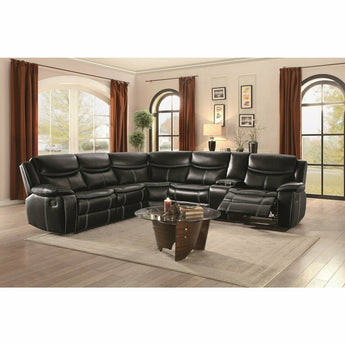 Emerson Black Reclining Sectional. This Emerson 3-piece reclining sectional offers luxurious looks and multifunction features. lt features a console with cup holders and storage, grey piping, and comes in black upholstery. Two recliners on each side.