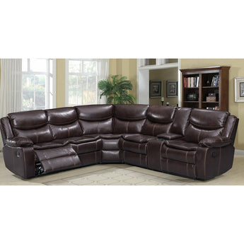 Emerson Brown Reclining Sectional. Two recliners on each side. RAF has a console with cup holders, storage, and USB Plug-Ins.