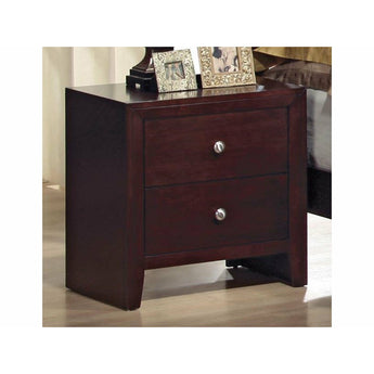 Evan 2 Drawer Nightstand in Deep Brown. Clean and understated in design, this nightstand provides functional bedside storage for your home. It features 2 spacious storage drawers with silver burnished knob pull hardware Finish