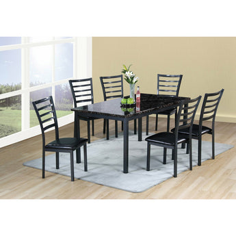 Avanti Dining Set in Dark Grey Finish 7 PC. The table has a metal frame and faux marble top with poly coating. Black PU upholstery on chairs. Dark grey finish.
