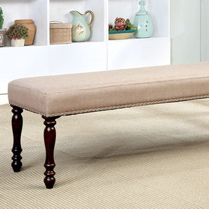 Hurdsfield Bench in Antique Cherry/Beige. The seat is beautifully wrapped with linen-like upholstery, making it the perfect addition to any comfortable dining area!