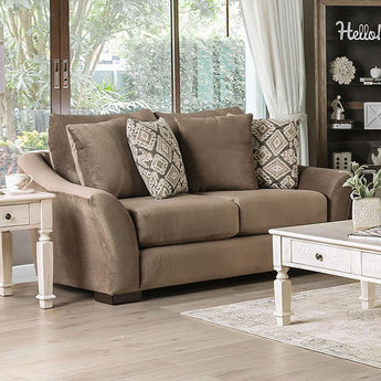 Oacoma Loveseat in Brown. Features soft Chenille fabric overflowing with plush cushioning for the removable back and box cushions. The curved and flared track arms are softly padded for your comfort. Accent pillows included.